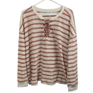 NWT Maurices Womens Plus Size Red and Beige Striped Lace Up Sweatshirt S…